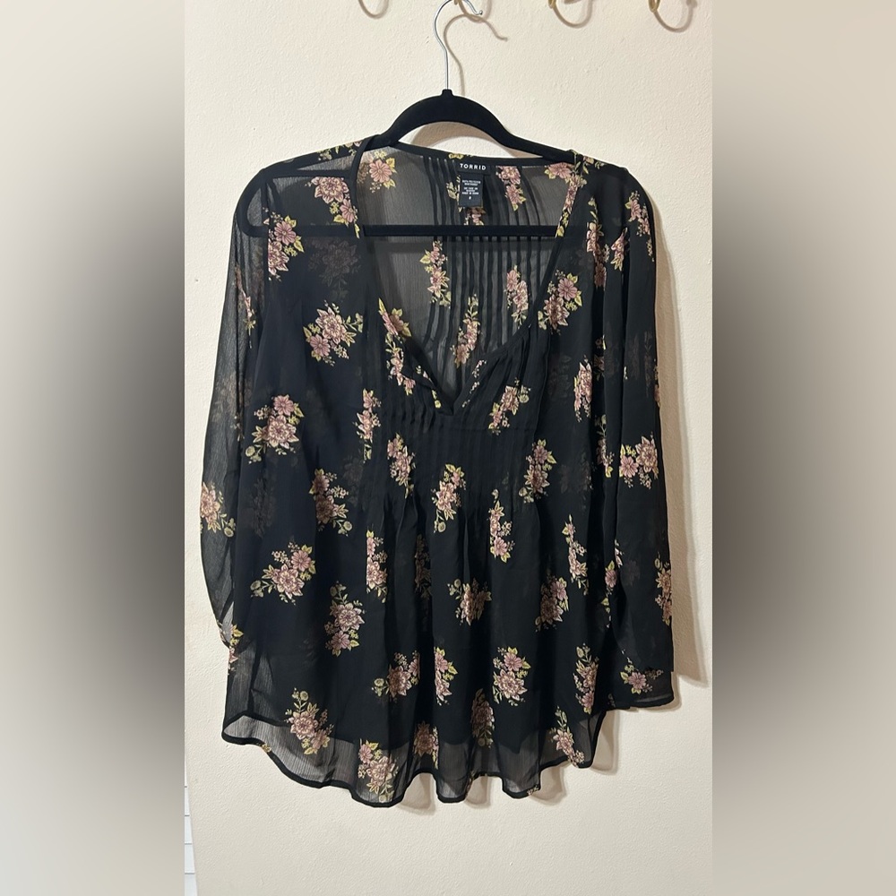 Torrid Black Floral Sheer Blouse